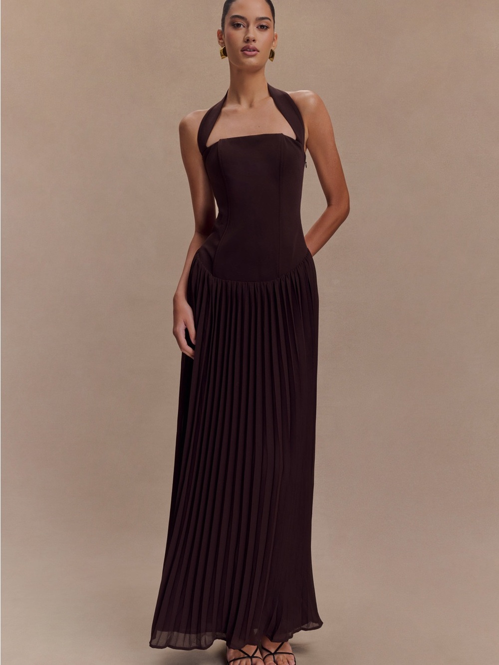 Meshki Stacie Pleated Halter Maxi Dress - Cacao